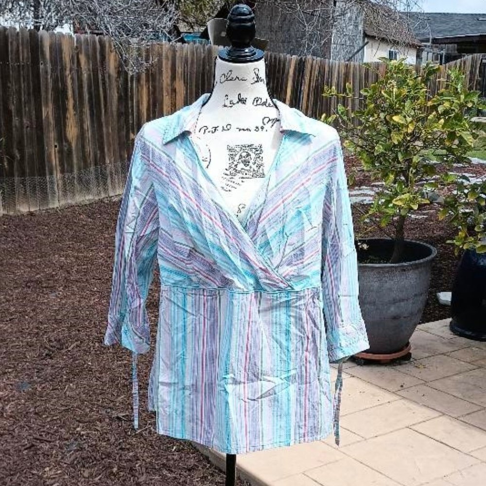 Lane Bryant Striped Multi-Colored Empire Waist Peasant Top 18/20 2X Gypsy Hippie